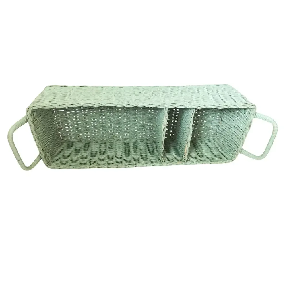 Vintage 60s 70s Caddy Handled Basket Divided Cottagecore Farmhouse Seafoam Green